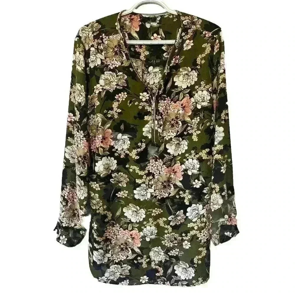 Boho Chic Olive Floral Tunic Blouse Whimsical Cottagecore